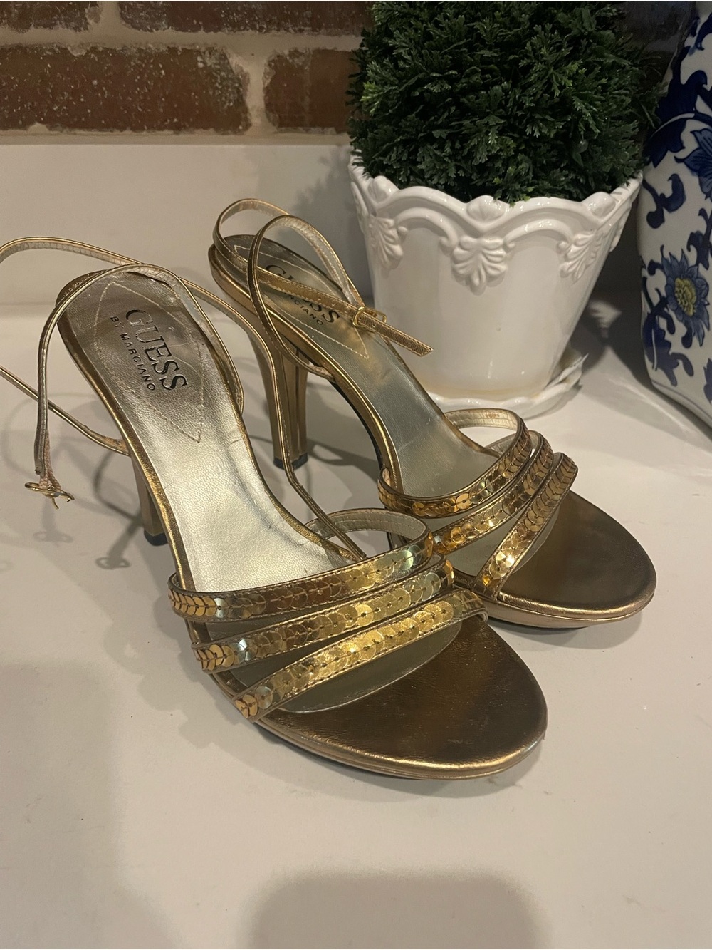 Guess Gold Metallic Strappy High Heels
